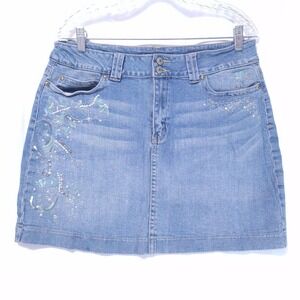 L.A. Blues Womens Embroidered Sequin Denim Mini Skirt Sz 16 Light Wash Y2K